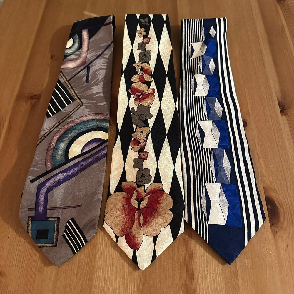 Carlo Palazzi Silk Tie Lot 3 Vintage Geometric Floral Harlequin Abstract Mens